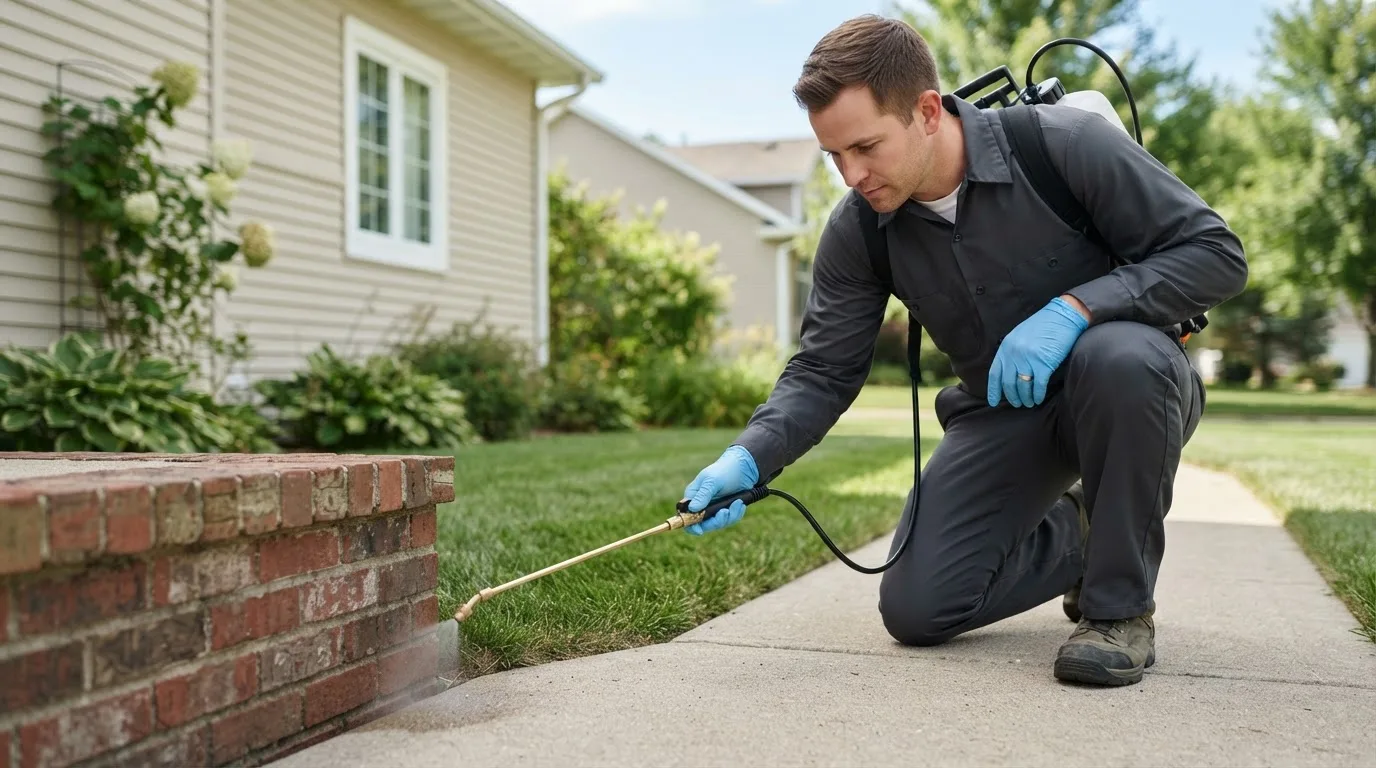 Pest control technician treating a home near Brodhead, WI